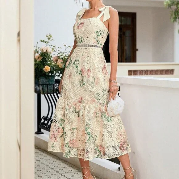 Multicolor Elegant Women's Lace Print Spaghetti Strap Dress - Picture 4 of 7